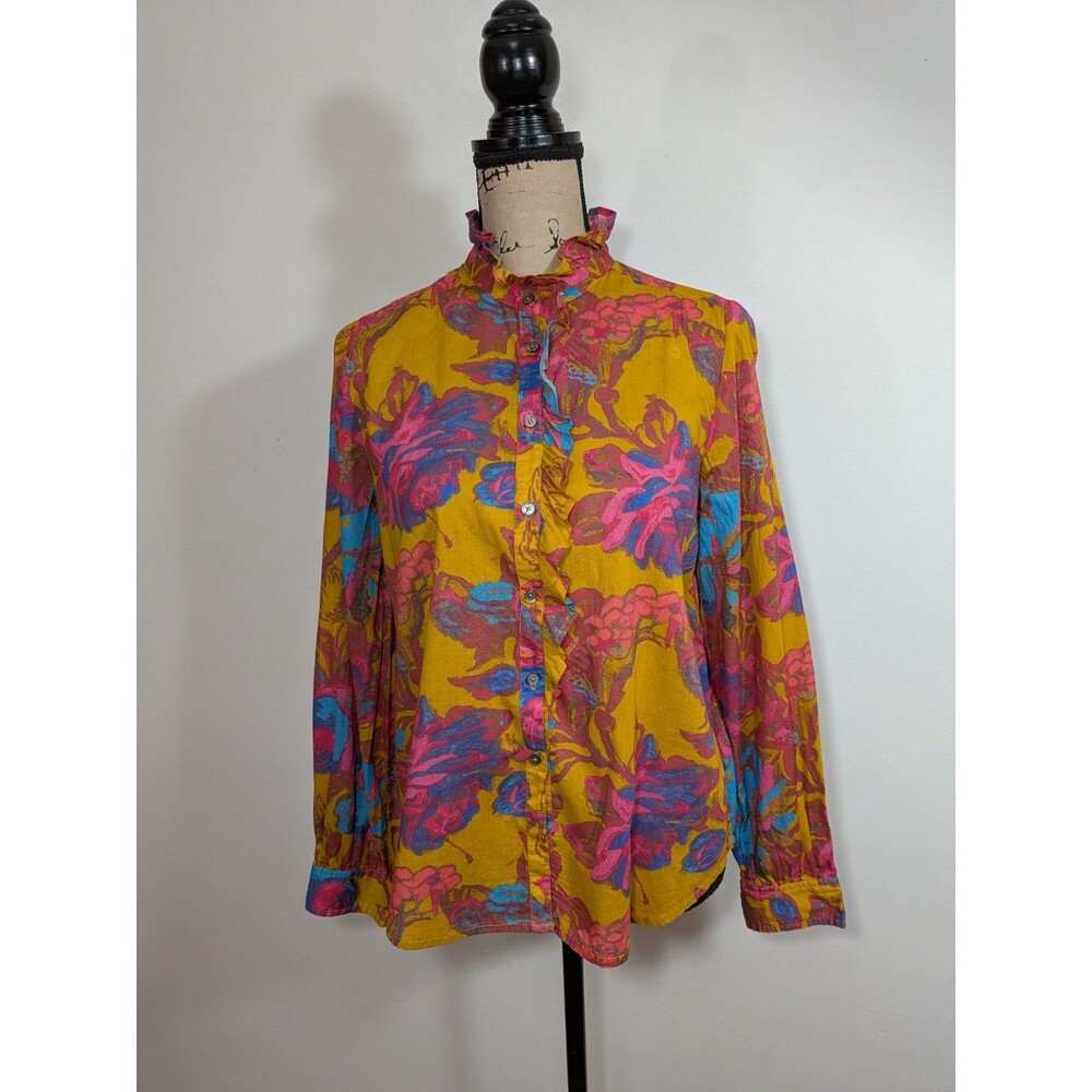 Sundance Multi Colored Button Down Ruffle Cotton Blouse Floral Lightweight Sz XS